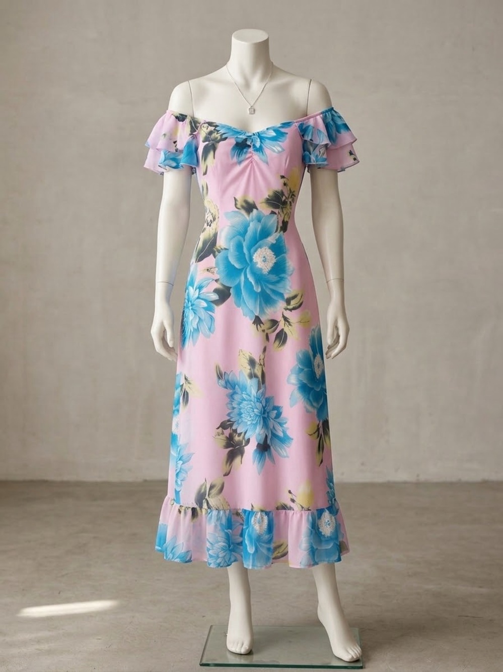 Suzy Shier Pink Midi Dress with Blue Floral Print